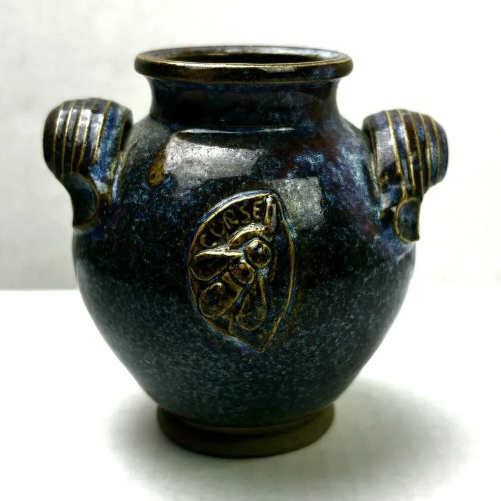 Small Vase 4” Two Handles Earth Décor Pyrite & Flame Signed Truchon Corse Bee EC